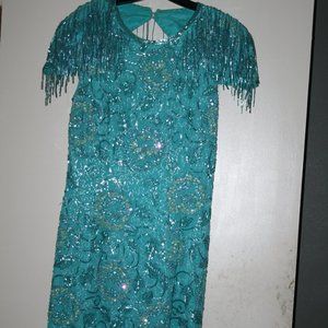 Vintage Niteline Teal Sequin Beaded Dress sz 12